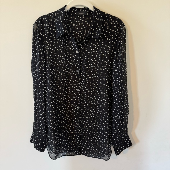 Theory 100% silk black long sleeve button down star patterned blouse size medium - Picture 1 of 8